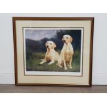 Framed and signed After John Lewis Fitzgerald photolithographic print Golden Labradors, Published by