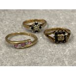 3 x ladies 9ct gold diamond set rings. 6.1g