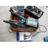 Box of mixed tools to include wilko plane, multi tool, staple gun, jump leads etc