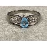 Ladies 14ct white gold blue stone and diamond ring. 3.6g size N