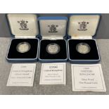 Royal mint x3 silver proof coins 1996, 1998 and 1999 all in original boxes of issue