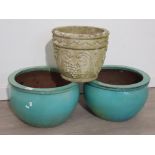 Pair of large ceramic plant pots in turquoise plus 1 stone garden plant pot