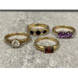 4 x ladies 9ct gold rings including amethyst, garnet and CZs 9.5G