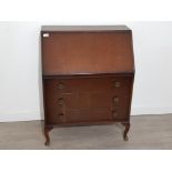 1950s oak bureau with fitted interior and 3 under drawers, L76cm, W40cm, H100cm