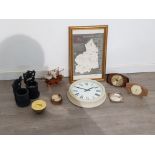 Ten items includes three mantle clocks,map of Northumberland musical brass ashtray model of ship the