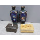 Pair of blue cloisonne squared vases together with spelter lidded box decorated cranes plus onyx