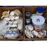 2 boxes of mixed pottery and ceramics including fine bone gilded china, blue and white ware, vintage