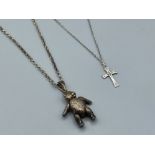 Silver solid Teddy bear pendant and chain with silver cross pendant and chain