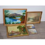 5 pictures includes 3 continental style oil paintings and 2 small unframed prints