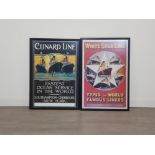 Two framed advertisement posters.one of white star line and one cunard line advertising the