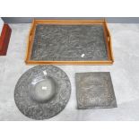 Art nouveau wood serving tray with figured tin overlay together with carved pewter wall plate and