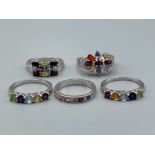 5 x silver 925 multi coloured stone rings, including flower burst and half eternity ring 18.5G