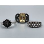 3 x silver marcasite rings of which 1 comes accompanied with large stone 13.3G