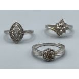 3 x ladies silver rings, including flower cluster and marquise style 8.3G