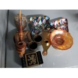 Mixed lot of brassware, carnival mounted glass, carved wooden pipe etc