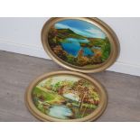 2 oval shaped oil on board paintings of river scenes, both signed indistinct by the same artist