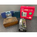 Box with Energy saver monitor, radios and wooden box