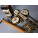 Mixed lot includes tapestry backed dressing table set, wooden truncheon, silver plated table lighter