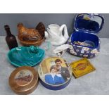 Box of miscellaneous includes vintage tins, costume jewellery, Withernsea chicken, glass bottle etc