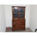 Edwardian inlaid mahogany 5 drawer chest of drawers with double glazed door bookcase top, W123cm x