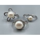 3 x silver 925 Freshwater pearl dress rings, 9.7g size S