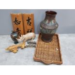Wicker tray with Indonesian parasite wood carving of lizard, pair of plated chopstick rests,