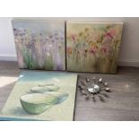 3 large canvases and a Kitchen novelty clock