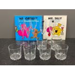 2 x Mr men books and various drinking glasses.