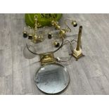 Brass table mirror, lamp and 2 x chandeliers