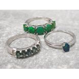 3 silver 925 ladies rings includes two 5 stone rings and 1 solitaire, green stones, 9.3g gross