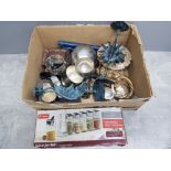 Box of miscellaneous metalware including night and day candlesticks, silver plate, spice jars etc