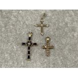 3 x 9ct gold diamond and Sapphire cross pendants.