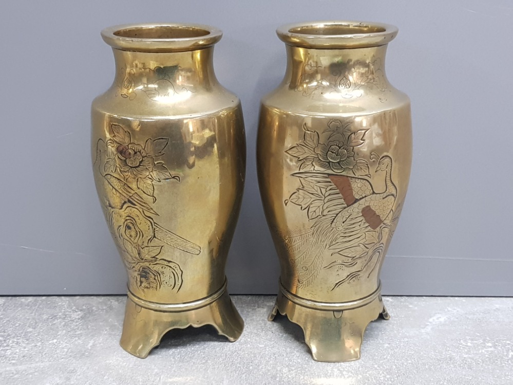 Pair of bronze chinese vases etched designs of peacocks, sparse enamel, 18cm