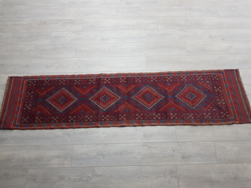 Fringed handmade afghan mashwani runner rug, 242x58cm