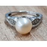 Vintage 14ct white gold pearl diamond ring, size N, 3.3g gross