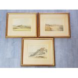 3 gilt framed prints all signed by artist McDonald, depicting craster, Bamburgh golf course and