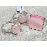 3 silver 925 dress rings includes pair of circular pink stones with claw support plus one large pink