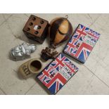 6 miscellaneous quirky items includes figured hot air balloon, large wooden dice, 2 london storage