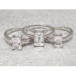 3 Emerald cut cz rings, 925 silver 7.3g gross