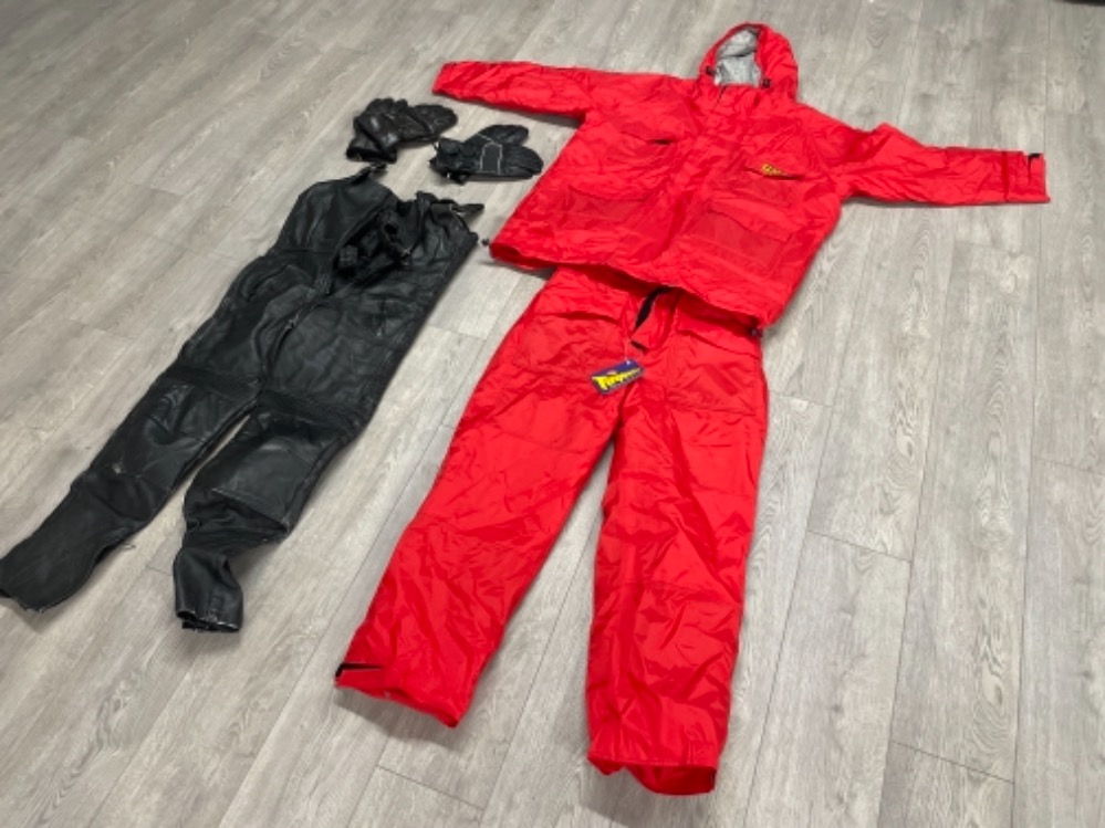 Weatherproof clothing including bikers pants and 2 x leather gloves