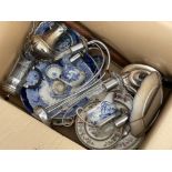 Box of blue and white plates, EPNS coffee pot and chandelier