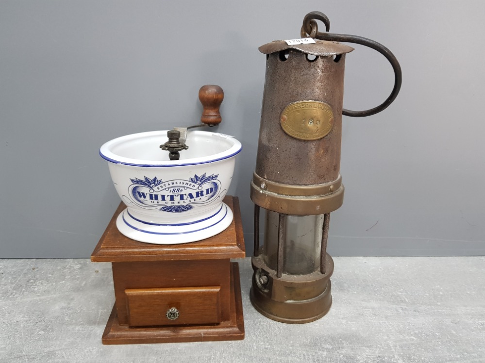 Vintage Patterson miners lamp together with a whittard of Chelsea coffee grinder