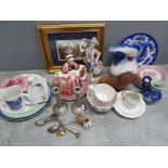 Box of miscellaneous items to include blue and white ironstone jug, pair of candlesticks, EPNS