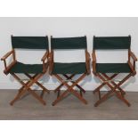 3 wooden framed folding garden armchairs, back rests and seats recently replaced