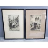 2 vintage framed etchings of castle Garth cathedral and the dark entry Canterbury cathedral both