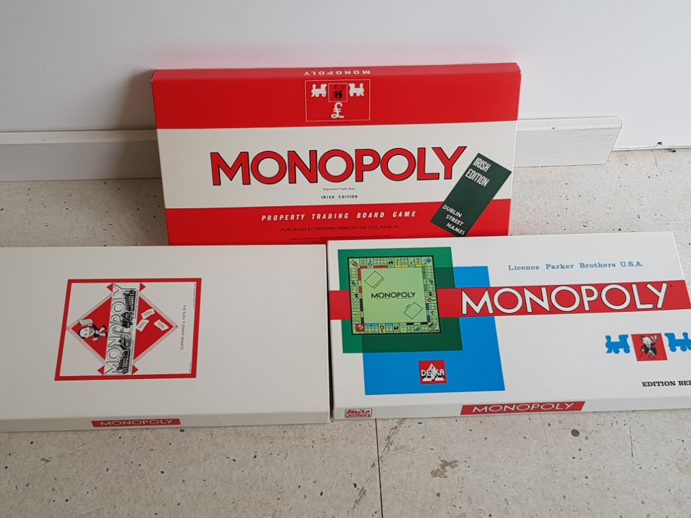 3 boxed vintage monopoly boardgames, irish, Belgium and german editions, all in excellent
