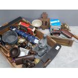 Box containing miscellaneous items including religious copper plaque, stoneware bowl, mixed