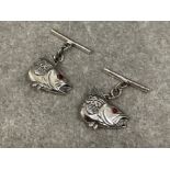 Sterling silver pair of Fish head Cuff links set with ruby eyes