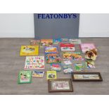 Childrens books and a teddy bear along with framed gift from Dubai