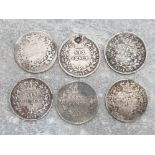 6 young head Victoria sixpence coins in mixed grades but mostly rubbed